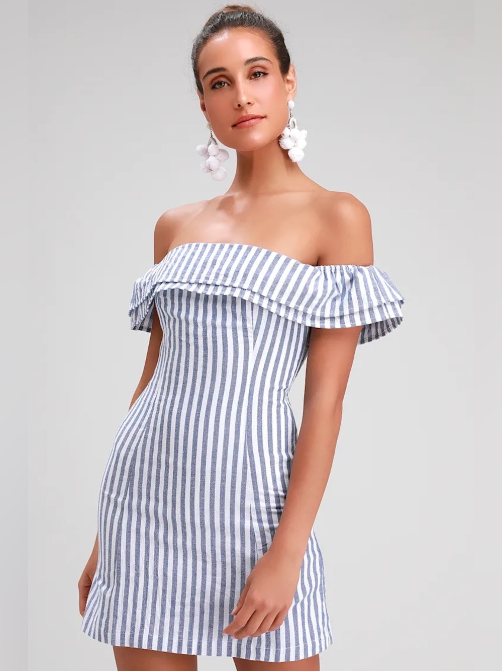 New Lulu's Blue and White Striped One-Shoulder Ruffle Mini Dress Small